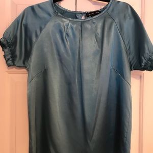 Teal blue faux silk shirt sleeve blouse